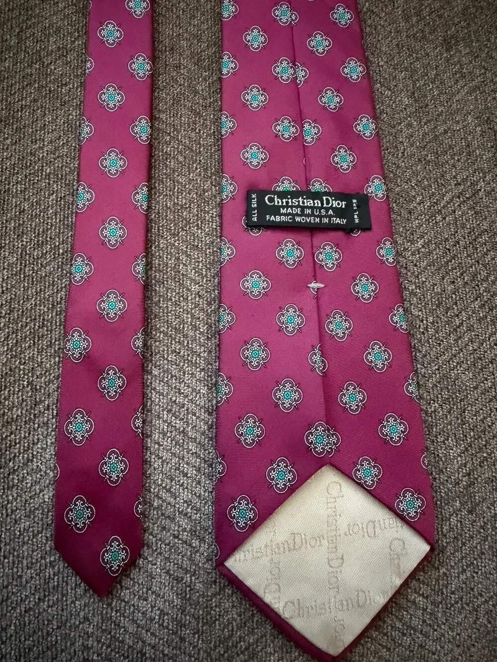 Christian Dior Red Geo Silk Necktie Vintage Made in USA Fabric Woven in Italy